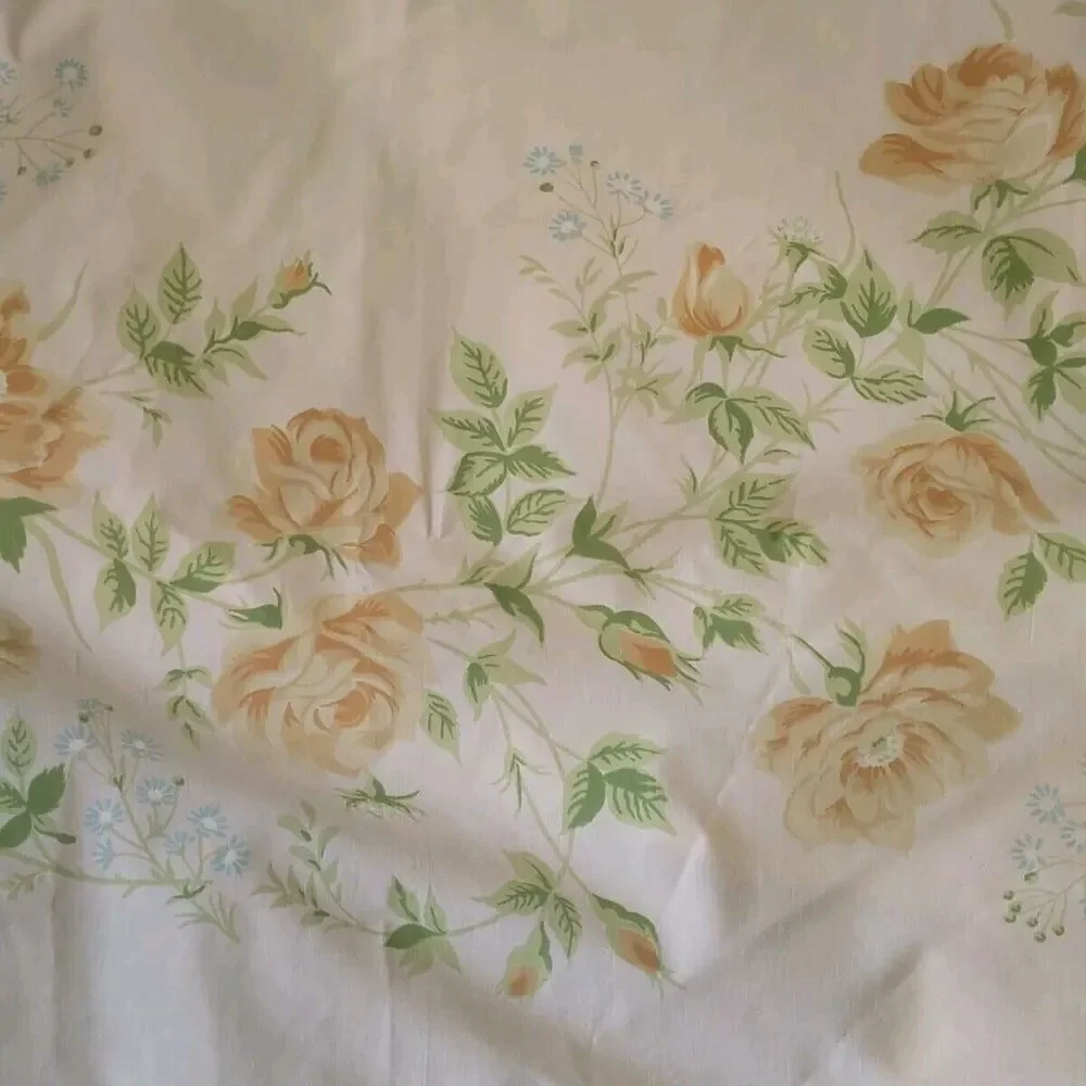 VTG Martex West Point Queen Flat Sheet Yellow Blue Flower Eyelet Percale Cottage